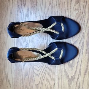 Blue satin with gold cord heels